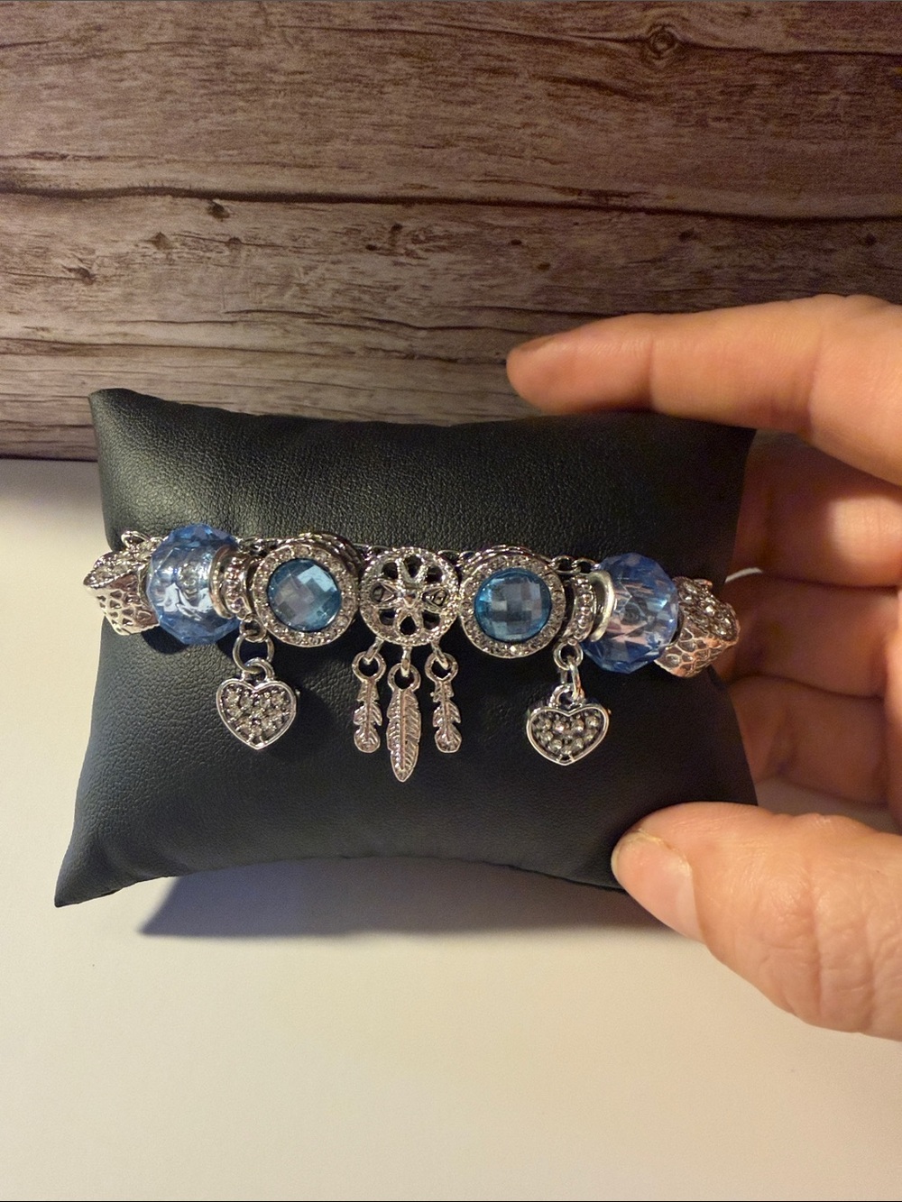 Silver  Dreamcatcher Charm Bracelet Charm Bracelet with light blue Heart Charms